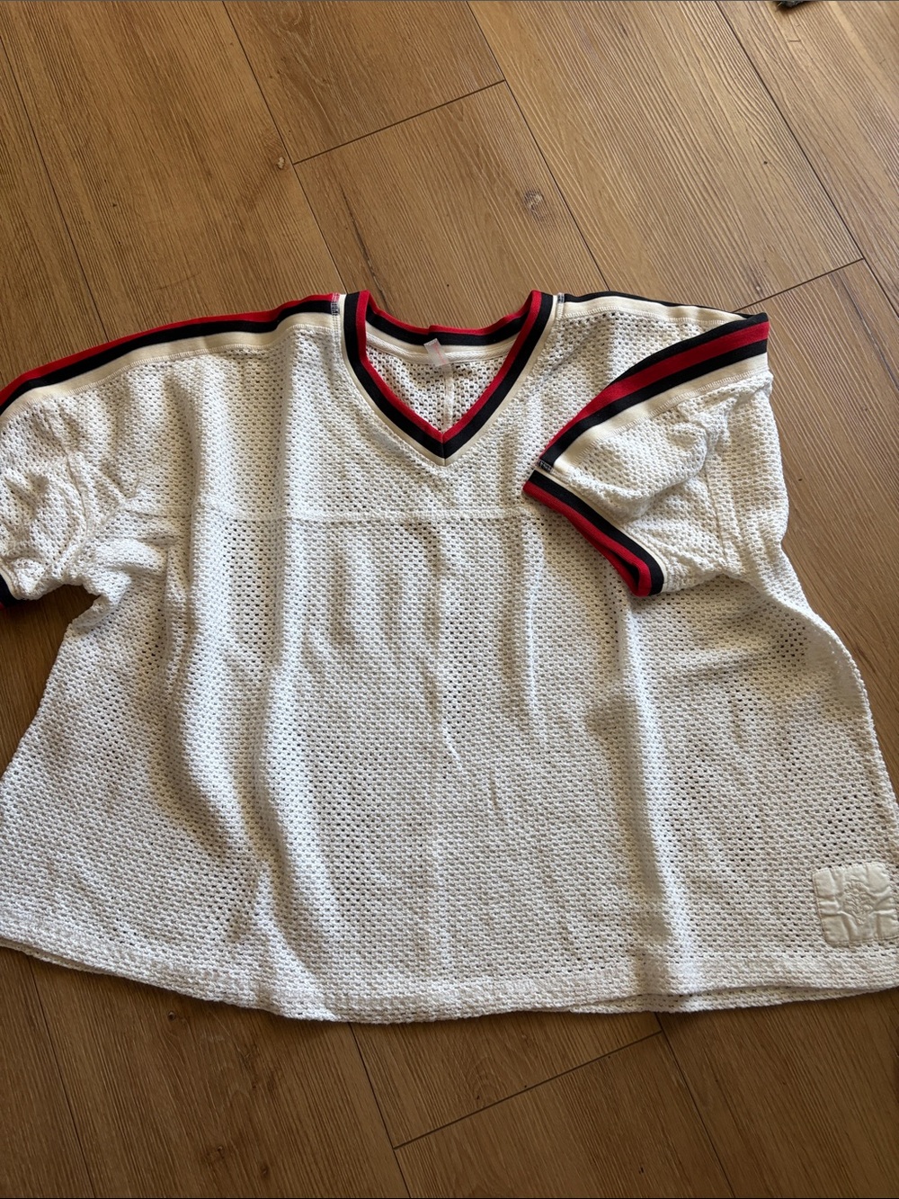 Free People Women’s White Mesh V-Neck Top with Red & Black Trim